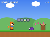 A fox character running through a green level with floating blocks, gems and a purple beetle.